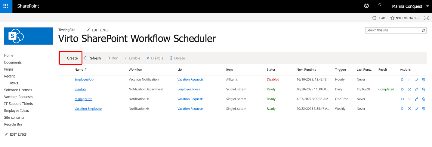 Create button on the Virto Workflow Scheduler page for adding a new workflow schedule