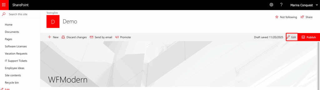 Creating or editing a modern SharePoint page using New, Site page, or Edit