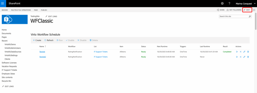 Edit button on the classic SharePoint page toolbar to open the page in edit mode