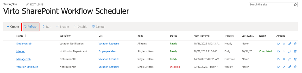 Refresh button used to reload schedule data in Virto Workflow Scheduler