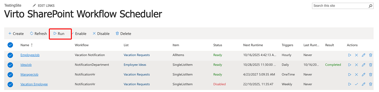 Running selected workflow schedules manually with the Run button in Virto Workflow Scheduler