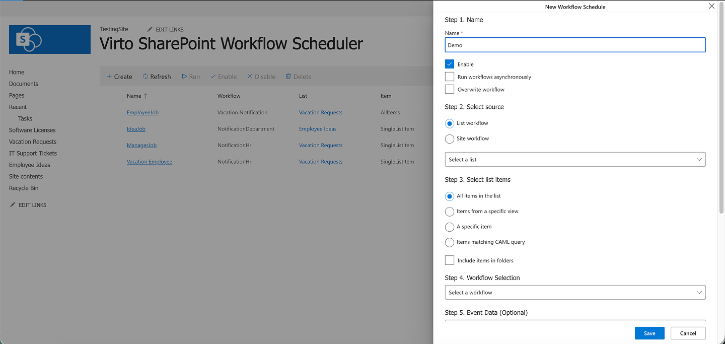 New schedule settings form for naming and enabling a workflow schedule