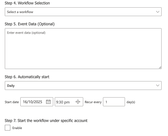 Choosing the workflow to run and editing its event data in the schedule settings