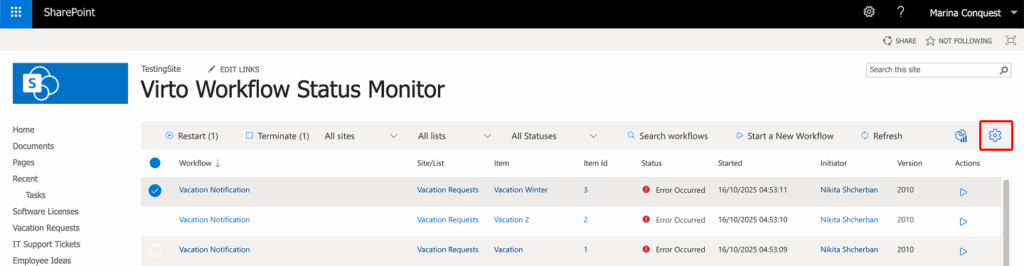 Settings button on the Virto Workflow Status Monitor page for opening report settings