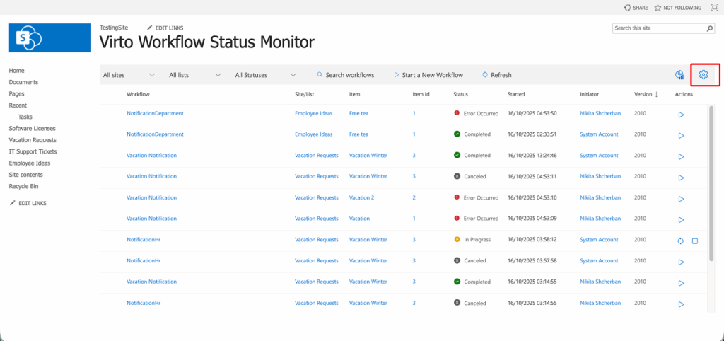 Settings button on the Virto SharePoint Workflow Status Monitor page
