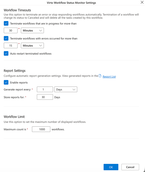 Virto Workflow Status Monitor Settings window for adjusting timeouts and display options