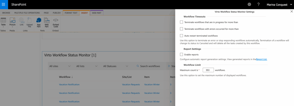 Status Monitor Web Part Settings opened from the web part gear icon on a classic SharePoint page