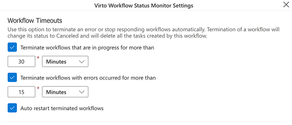 Workflow timeout conditions for automatically terminating in-progress or errored workflows