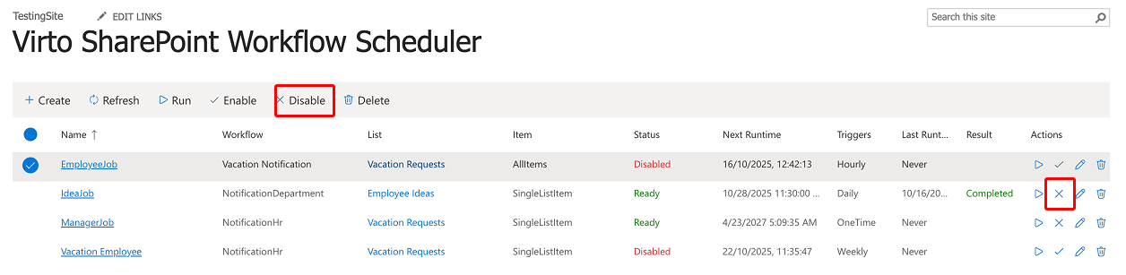 Disabling a workflow schedule with the Disable button or the × action in Virto Workflow Scheduler