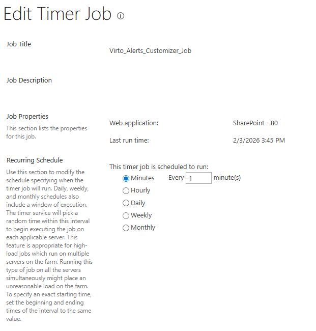 Details page for the Virto Alerts Customiser timer job in SharePoint Central Administration