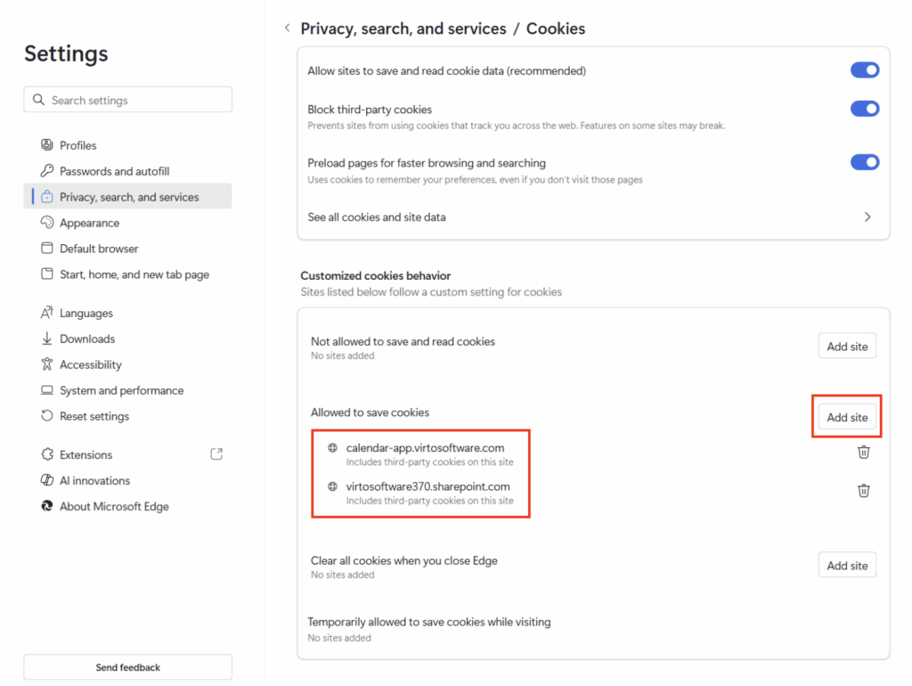 Microsoft Edge cookie settings for adding sites allowed to save third-party cookies