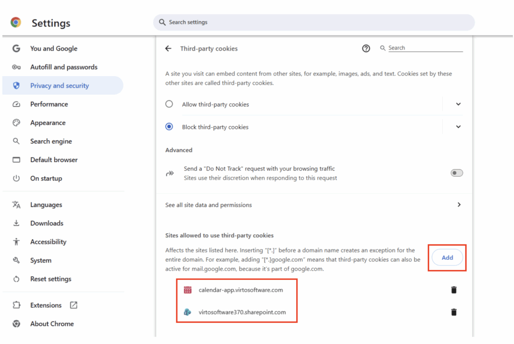 Google Chrome Cookies and site data settings for allowing third-party cookies