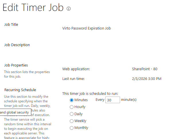 Virto Password Expiration timer job definition and schedule in SharePoint Central Admin