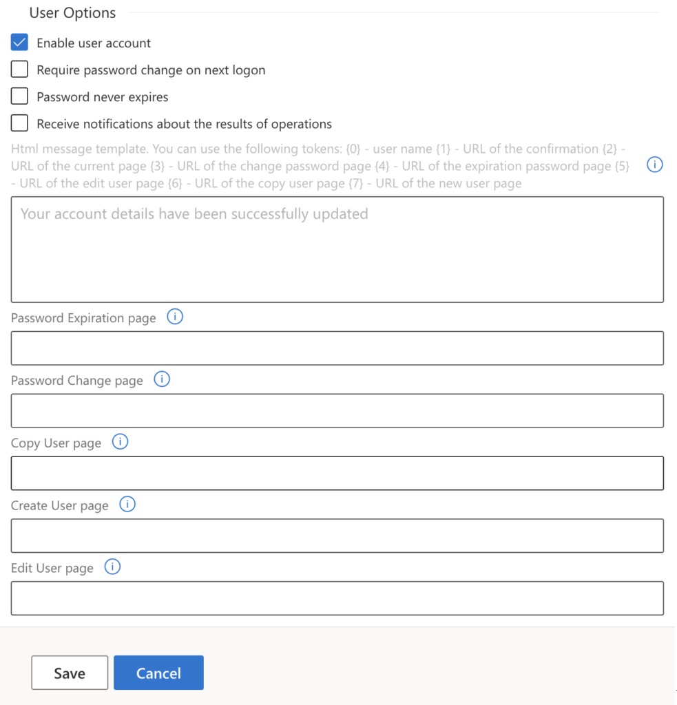 security and options - user options