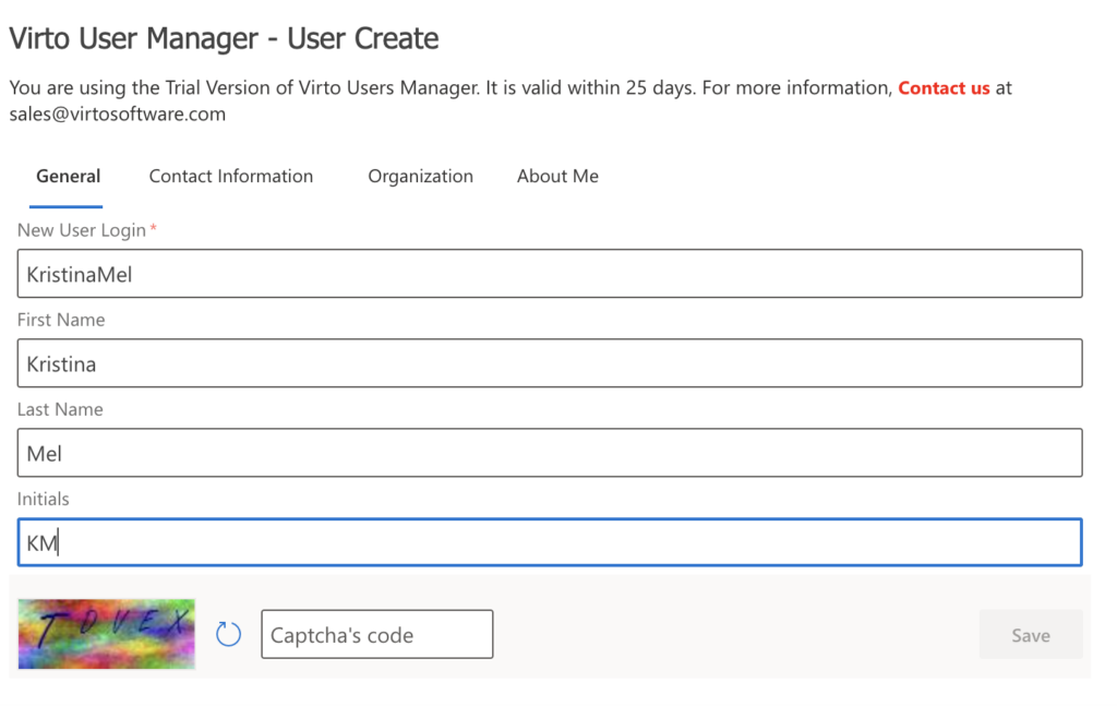 General information fields for a new user in the New User web part
