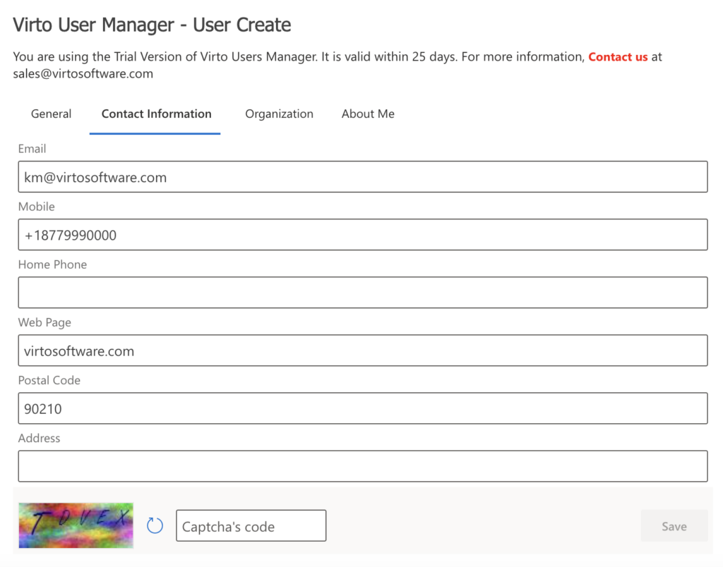Contact information fields for a new user in the New User web part