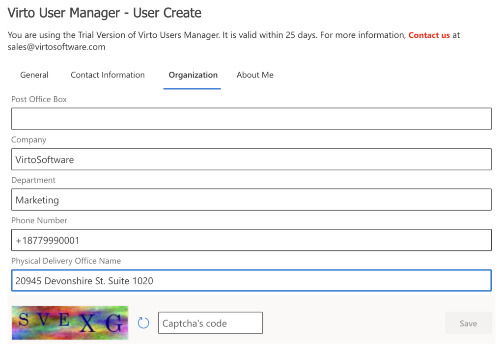 Organization information fields for a new user in the New User web part
