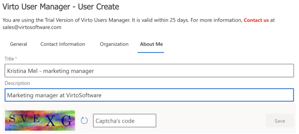 About me fields with required markers, CAPTCHA and Save button in the New User web part