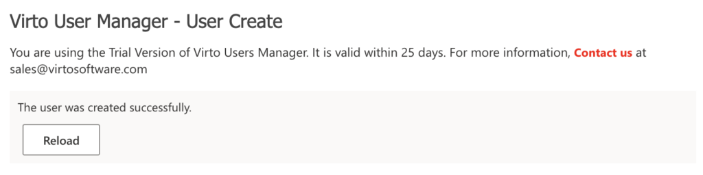 Confirmation that the new user was created successfully
