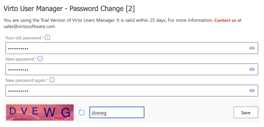 Password Change web part with current and new password fields and CAPTCHA