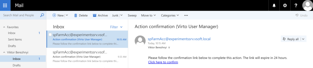 Action confirmation email with the link to confirm the password change