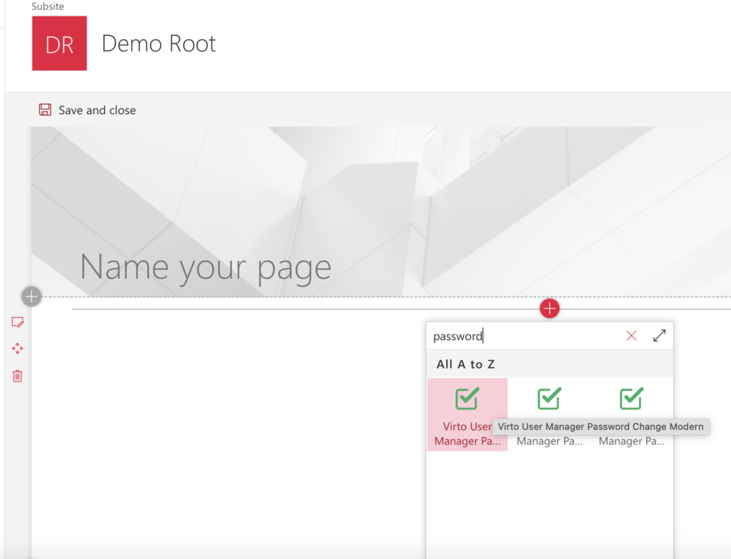 Searching for the Virto User Manager web part by name in the SharePoint Modern toolbox