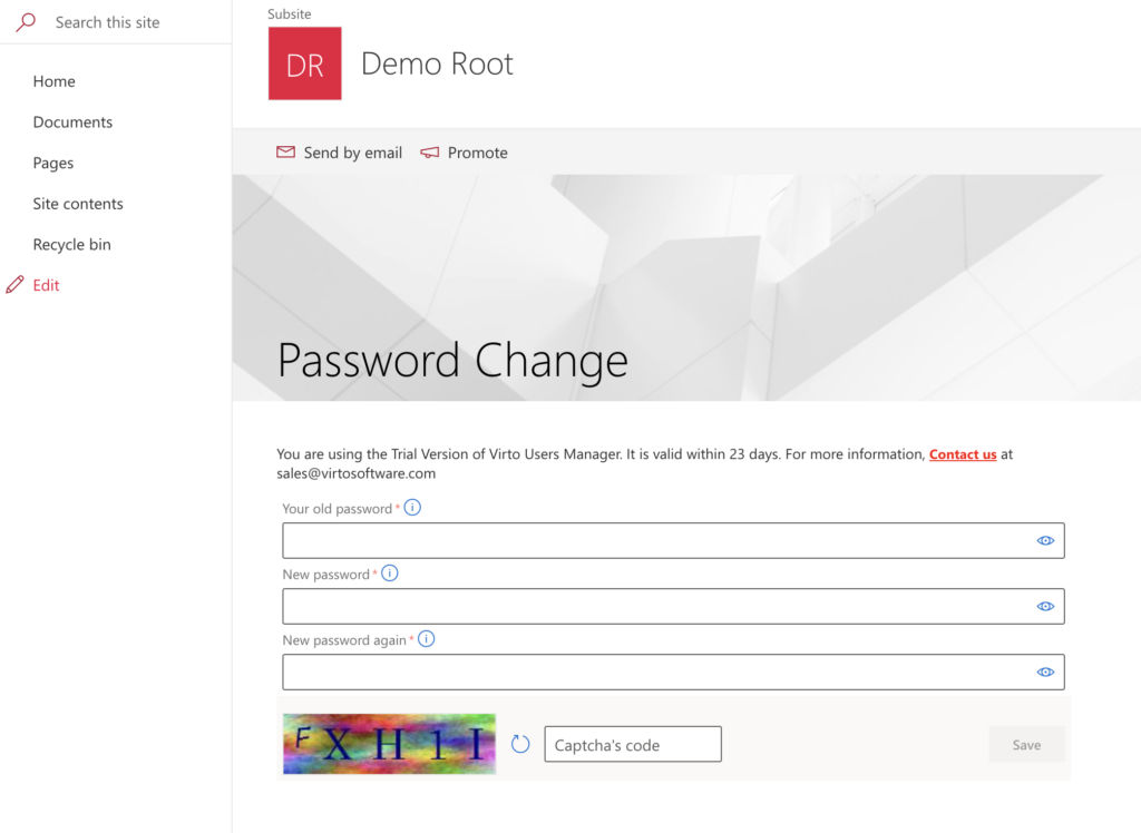 Published Virto User Manager web part ready to use on a SharePoint Modern page