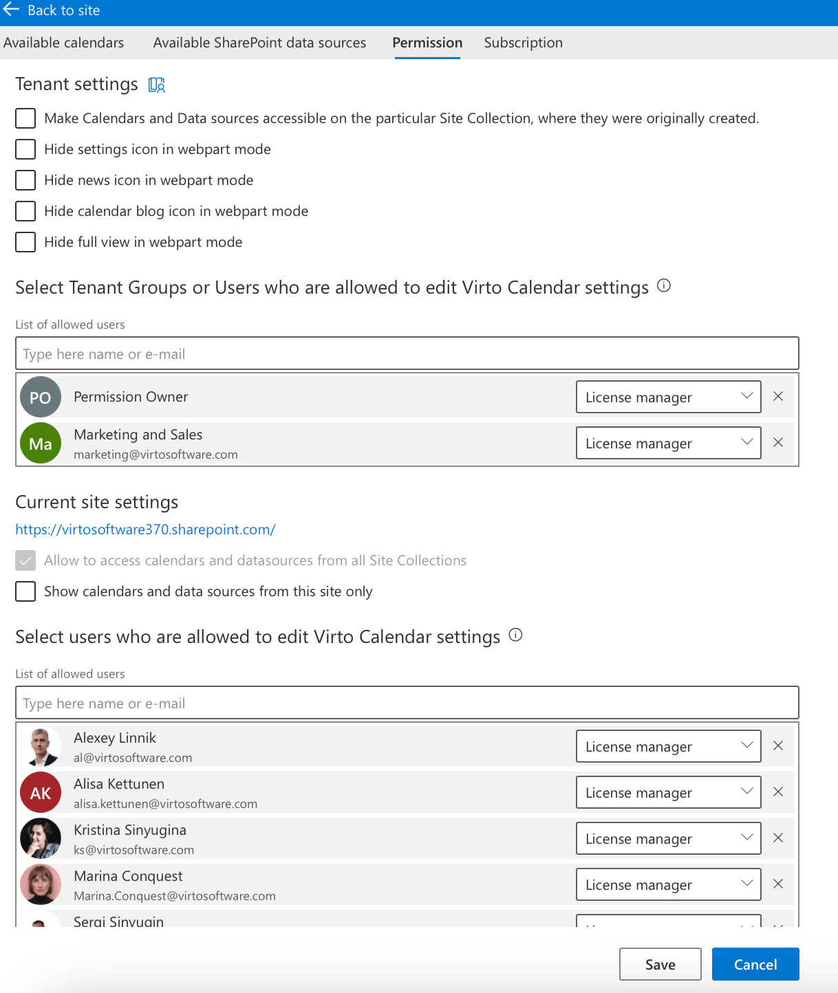 Permission tab in Virto Calendar App settings with tenant and current site sections