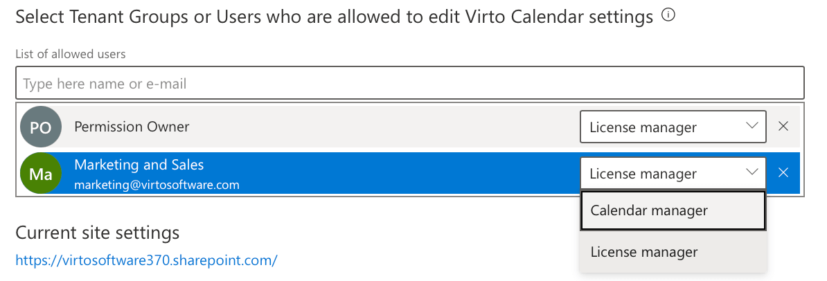 Selecting tenant groups or users allowed to edit Virto Calendar settings and assigning the Calendar Manager or License Manager role